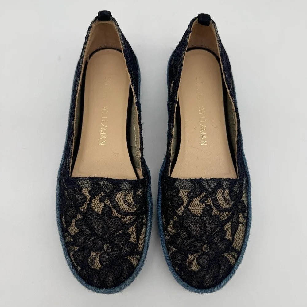 Stuart Weitzman Meshuga Navy Blue Floral Lace Espadrille Flats Size 5.5-6